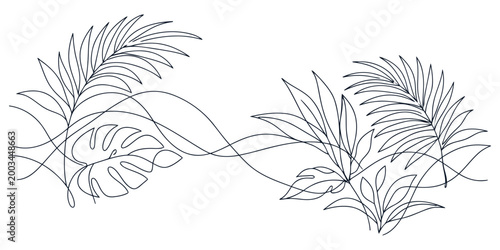 Minimal Tropical Leaves Line Art Set, Abstract Botanical Outline with Monstera and Palm, Modern Continuous Line Drawing Illustration