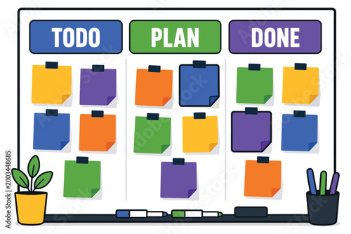 Colorful flat design task management kanban board with todo plan done sections