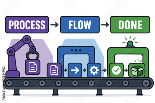 Illustration of production workflow with robot, documents, and delivery box