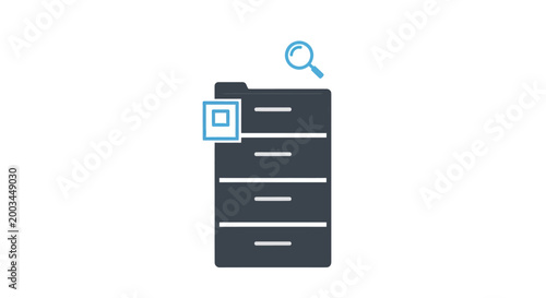 Filing cabinet with magnifying glass, data search concept, digital archive icon