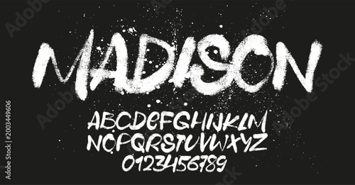 Textured white brush stroke alphabet. Grungy hand drawn typeface on dark background, rough texture, dry brush lettering, expressive strokes, modern typography, artistic font