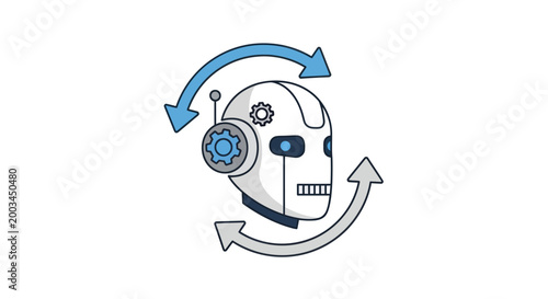 Robot Head with Rotating Arrows, AI and Technology Concept Vector
