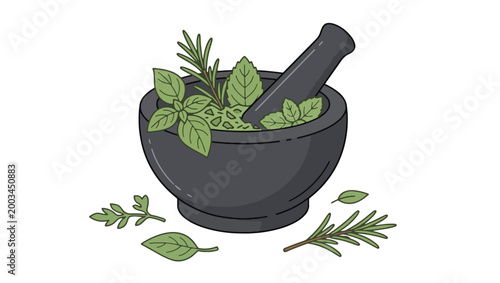 Traditional Mortar and Pestle with Fresh Herbs Vector Illustration on Transparent Background, mortar and pestle, vector illustration, line art, outline style, herbal grinder, stone mortar, 