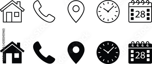 Set of minimalistic house, phone, map and clock icons in black and white flat design vector illustration