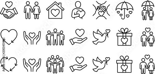 Collection of love and relationship icons with hearts, hands, and gifts in a vector illustration style