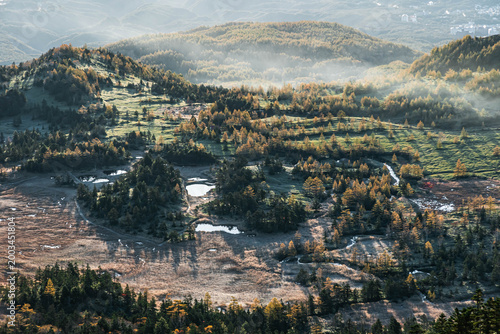 Sunrise over misty mountain valley with sea of clouds, autumn landscape in Japan