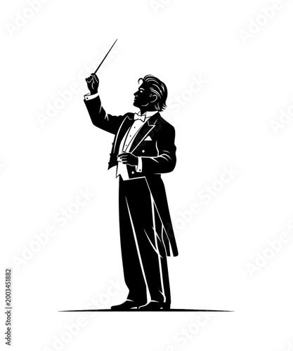 conductor leading orchestra music performance minimalist vector illustration