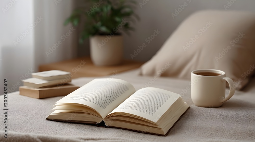 Fototapeta premium An open book and cup of beverage rest on soft neutral fabric arranged with stacked books and greenery