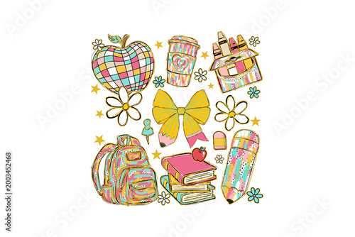 Slika na platnu School Supplies Apple and Book Illustration Sublimation Design