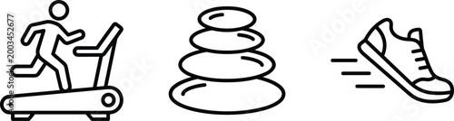 set of three minimalist fitness and relaxation icons featuring a runner on treadmill, stacked stones, and sneaker vector illustration