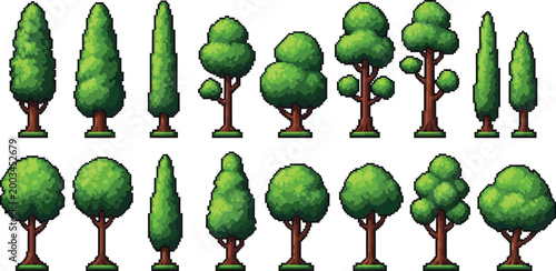 Pixel art forest trees collection in green shades Vector