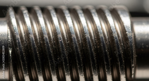 Thread with screw threads and ridged metal surface close-up featuring macro, industrial, manufacturing with engineering and mechanical elements for