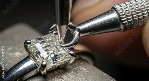 Prong pusher tool adjusting diamond setting on engagement ring with precision featuring jewelry making, metalwork, gemstone with jewelry repair and