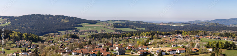 Fototapeta premium Wide panorama of villages around Neuschönau Bavarian Forest rural landscape Germany, Lower Bavaria