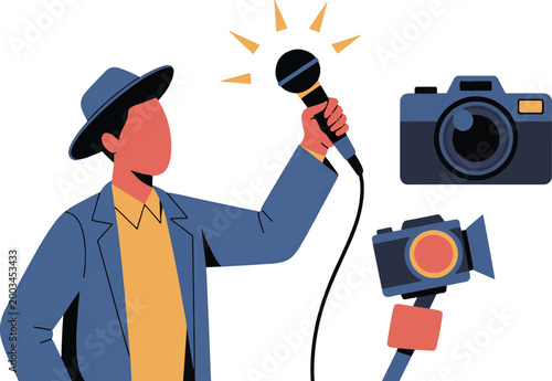 Reporter holding a microphone with cameras