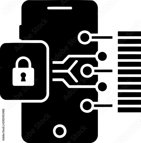Secure mobile data encryption icon with smartphone and circuit lock for fintech app branding