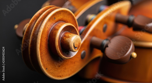 Violin scroll close-up with polished wooden curls and warm tone, blurred strings and tuning pegs in background