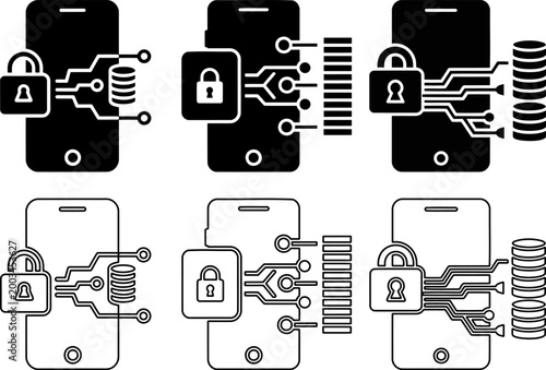 Comprehensive mobile security icon collection with solid and outline data encryption silhouettes