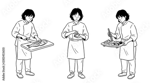 Line art character skillfully preparing sushi in a minimalist style sketch.