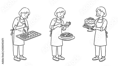 Line art character decorating a delicious pastry with joy in black and white.