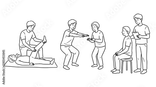 Physical therapy session with patient exercises and assistance in sketch.