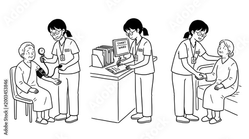 Healthcare provider's compassionate interaction with elderly patients depicted.