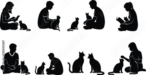 Vector illustration woman and cat silhouettes peaceful moments with pets