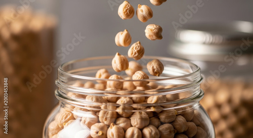 Chickpeas falling into a glass jar with a close-up view of the texture and details featuring legumes, healthy food, organic with natural and macro