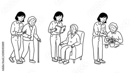 Compassionate Care for Elders Reflective in Line Art Illustrations