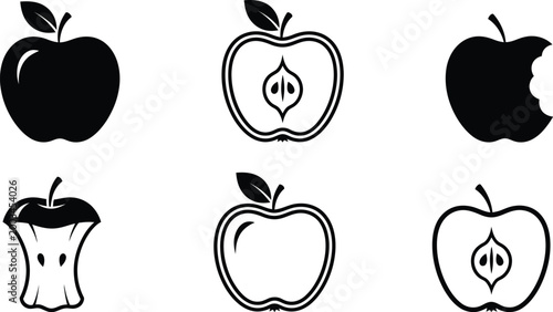 Apple vector icons whole halved and bitten fruit illustrations for design