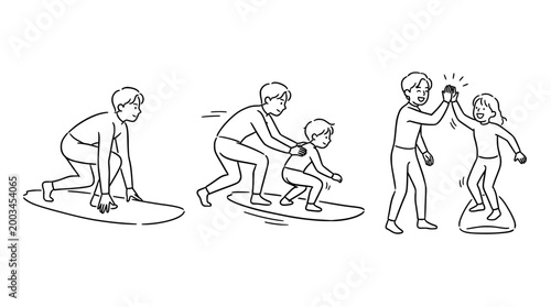 Children having fun while learning to surf together in sequence