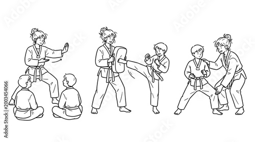 Martial arts training session focusing on techniques and teamwork
