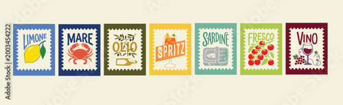 Vintage Mediterranean summer travel stamp collection featuring Italian culinary clip art