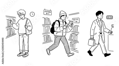 Exploring a Library Setting with Characters Reflecting Bookish Pursuits