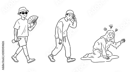 Summer lifestyles captured in minimalist line art character designs.