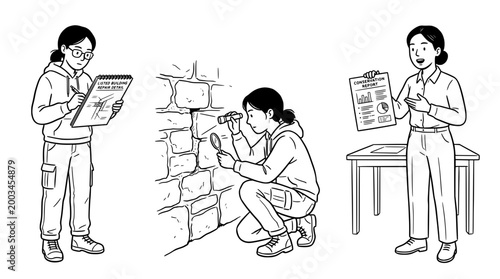 Illustration of a conservation expert inspecting historical architecture.