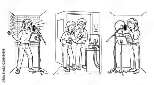 Character recording vocals in a studio with friends and a microphone