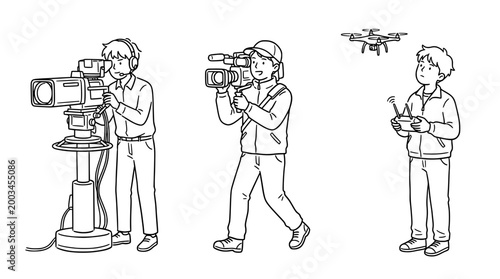 Filmmaking Team Collaborating with Equipment in Minimalist Line Art Style