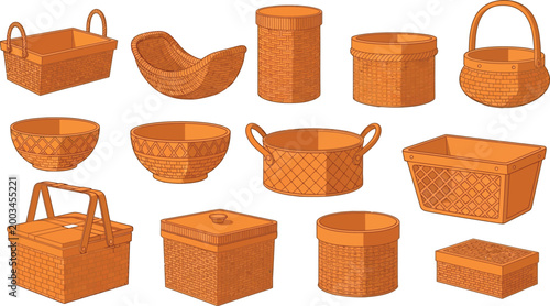 Assorted rustic woven baskets collection Vector