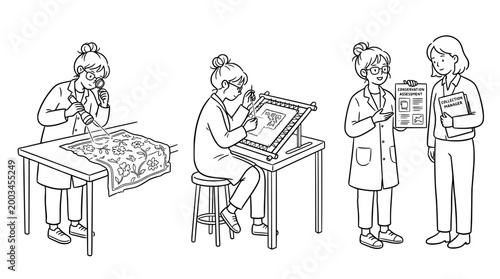 Line art depicting characters engaged in art conservation and discussion.