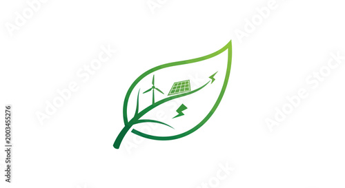 Green leaf with wind turbine and solar panels, symbolizing renewable energy and sustainability.