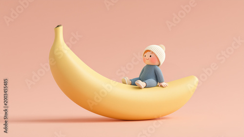Cute child sitting on a giant banana, minimal pastel 3D illustration with playful mood and soft colors, perfect for kids branding and creative design