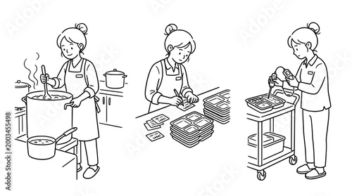 A character cooking and serving meals with warmth in minimalist line art.