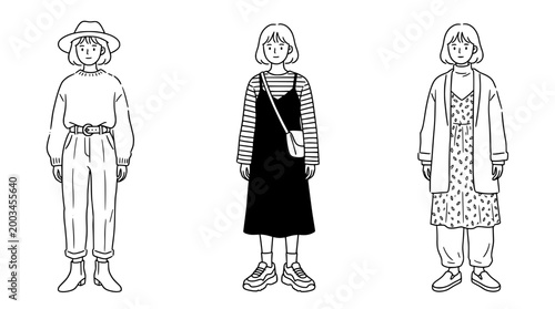 Minimalist line art of character in casual clothing with accessories.