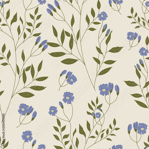 Hand drawn seamless botanical floral pattern featuring blue meadow wildflowers and green foliage on a light beige background for textile wallpaper fabric and surface design projects