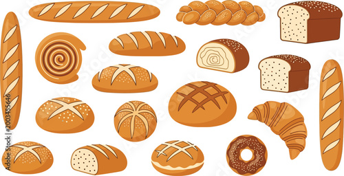 Assorted colorful bread and baked goods collection Vector