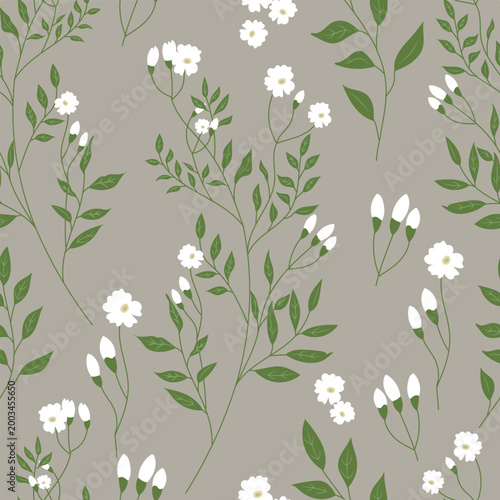 Hand drawn seamless botanical floral pattern featuring white meadow flowers and green leaves on a beige background for textile wallpaper fabric and surface design projects