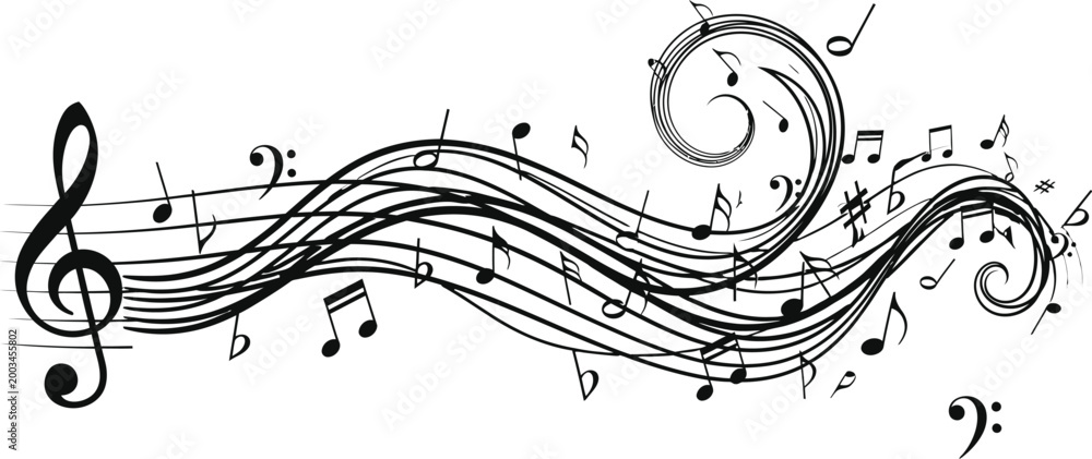 Fototapeta premium Elegant musical swirl a black and white illustration of notes and clef