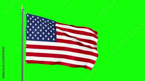 An American flag attached to a flagpole and fluttering in the wind in slow motion against a green background with a mask. Animation of the United States flag for film, news, and motion graphics.