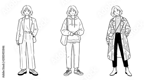 Dynamic sketches showing characters in varied casual outfits and expressions.